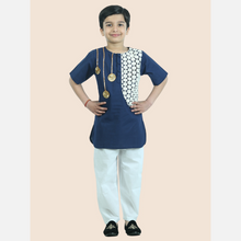 Blue cotton kurta pajama embellished with cotton lace