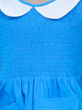 Blue pure cotton smoked dress with peter pan collar