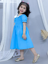 Blue pure cotton smoked dress with peter pan collar