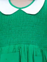 Green pure cotton smoked dress with peter pan collar