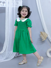 Green pure cotton smoked dress with peter pan collar