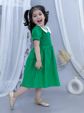 Green pure cotton smoked dress with peter pan collar