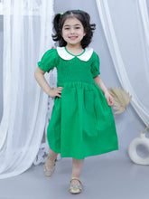 Green pure cotton smoked dress with peter pan collar