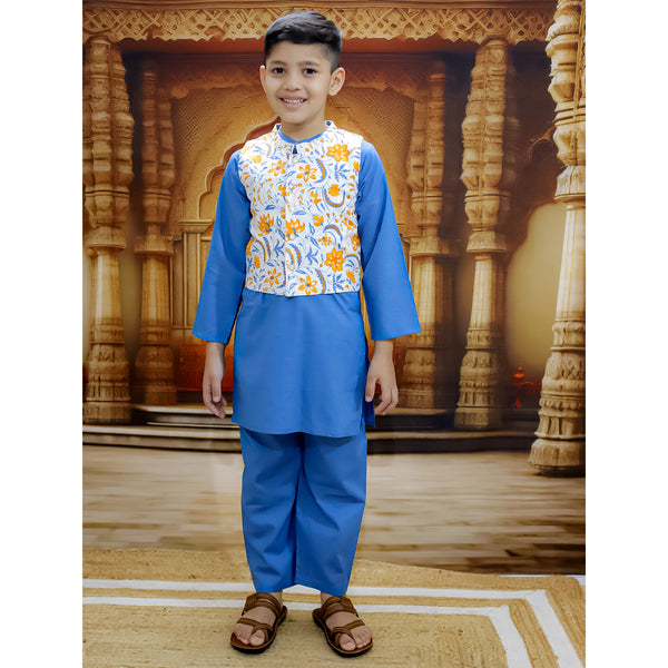 Blue Pure Cotton Printed Kurta Pyjama With Jacket