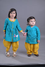 Turquoise Green  Pure cotton full sleeve embroidered kurta with dhoti