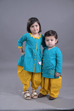 Turquoise Green  Pure cotton full sleeve embroidered kurta with dhoti