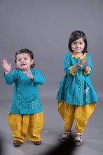 Turquoise Green  Pure cotton full sleeve embroidered kurta with dhoti