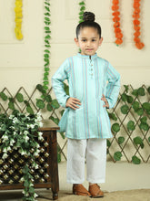 Green cotton woven stripe kurta with pajama