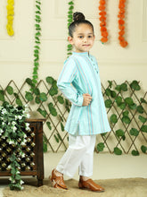 Green cotton woven stripe kurta with pajama