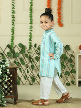 Green cotton woven stripe kurta with pajama