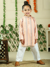 Green cotton woven stripe kurta with pajama