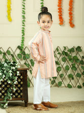 Green cotton woven stripe kurta with pajama