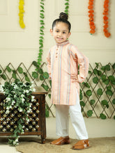 Orange cotton woven stripe kurta with pajama