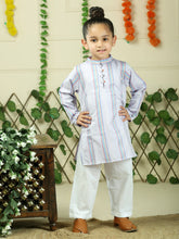 Orange cotton woven stripe kurta with pajama