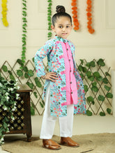 Pink pure cotton floral print full sleeve kurta with pajama