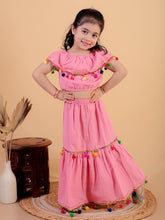 Pink pure cotton crop top and long skirt embellished with pompom tussal