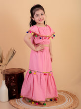 Pink pure cotton crop top and long skirt embellished with pompom tussal