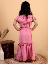 Pink pure cotton crop top and long skirt embellished with pompom tussal