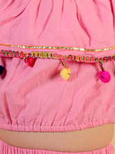 Pink pure cotton crop top and long skirt embellished with pompom tussal