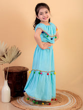 Sky Blue pure cotton crop top and long skirt embellished with pompom tussal