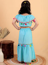 Sky Blue pure cotton crop top and long skirt embellished with pompom tussal