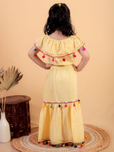 Yellow pure cotton crop top and long skirt embellished with pompom tussal