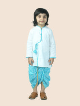 Blue pure cotton white kurta and dhoti with leheriya print