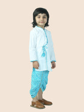 Blue pure cotton white kurta and dhoti with leheriya print