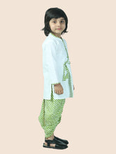 Green pure cotton white kurta and dhoti with leheriya print