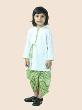 Green pure cotton white kurta and dhoti with leheriya print