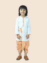 Orange pure cotton white kurta and dhoti with leheriya print