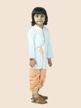 Orange pure cotton white kurta and dhoti with leheriya print