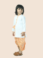 Orange pure cotton white kurta and dhoti with leheriya print