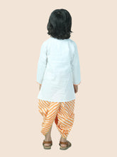 Orange pure cotton white kurta and dhoti with leheriya print