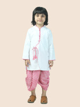 Orange pure cotton white kurta and dhoti with leheriya print