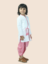 Orange pure cotton white kurta and dhoti with leheriya print