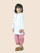 Orange pure cotton white kurta and dhoti with leheriya print