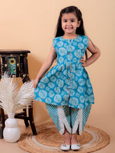 Denim blue pure cotton printed kurti and dhoti