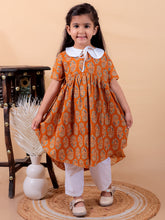 Yellow pure cotton printed dress with peter pan collar and Pyjamas