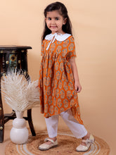 Yellow pure cotton printed dress with peter pan collar and Pyjamas