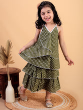 Green pure cotton printed top and skirt set