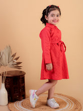 Red pure cotton shiffli embroidery full sleeve dress