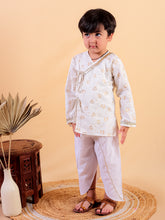 Siblings Beige pure cotton golden print kurta and dhoti