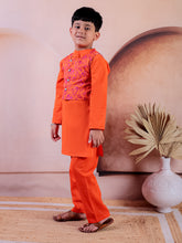 Siblings Orange Pure Cotton Printed Kurta Pyjama With Jacket