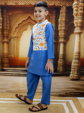 Blue Pure Cotton Printed Kurta Pyjama With Jacket