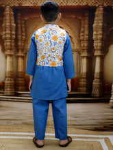 Blue Pure Cotton Printed Kurta Pyjama With Jacket