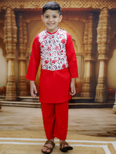 Siblings Red Pure Cotton Printed Kurta Pyjama with Jacket