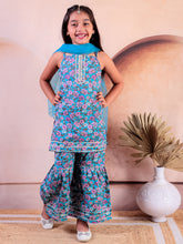 Sibling Blue Cotton Printed Kurti with Sharara and Dupatta