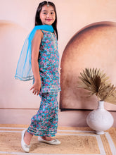 Blue Cotton Printed Kurti With Sharara with Dupatta