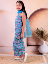 Turquoise Blue Cotton Printed Kurti With Sharara with Dupatta